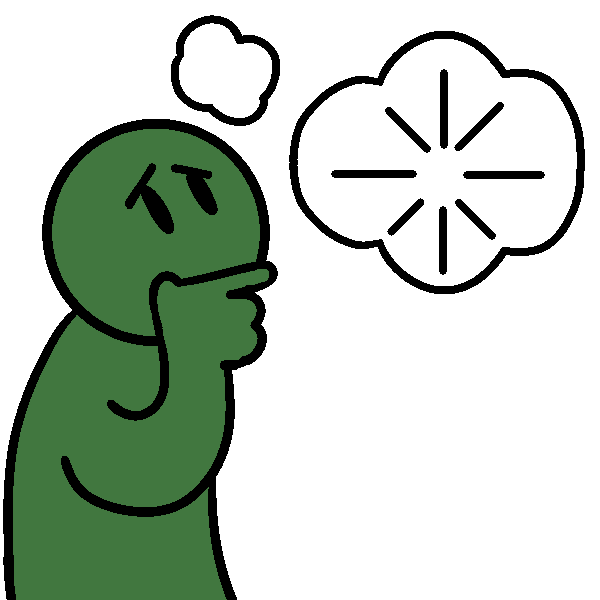 A concerned green figure with their hand on their chin and a white thought bubble with black lines in it.